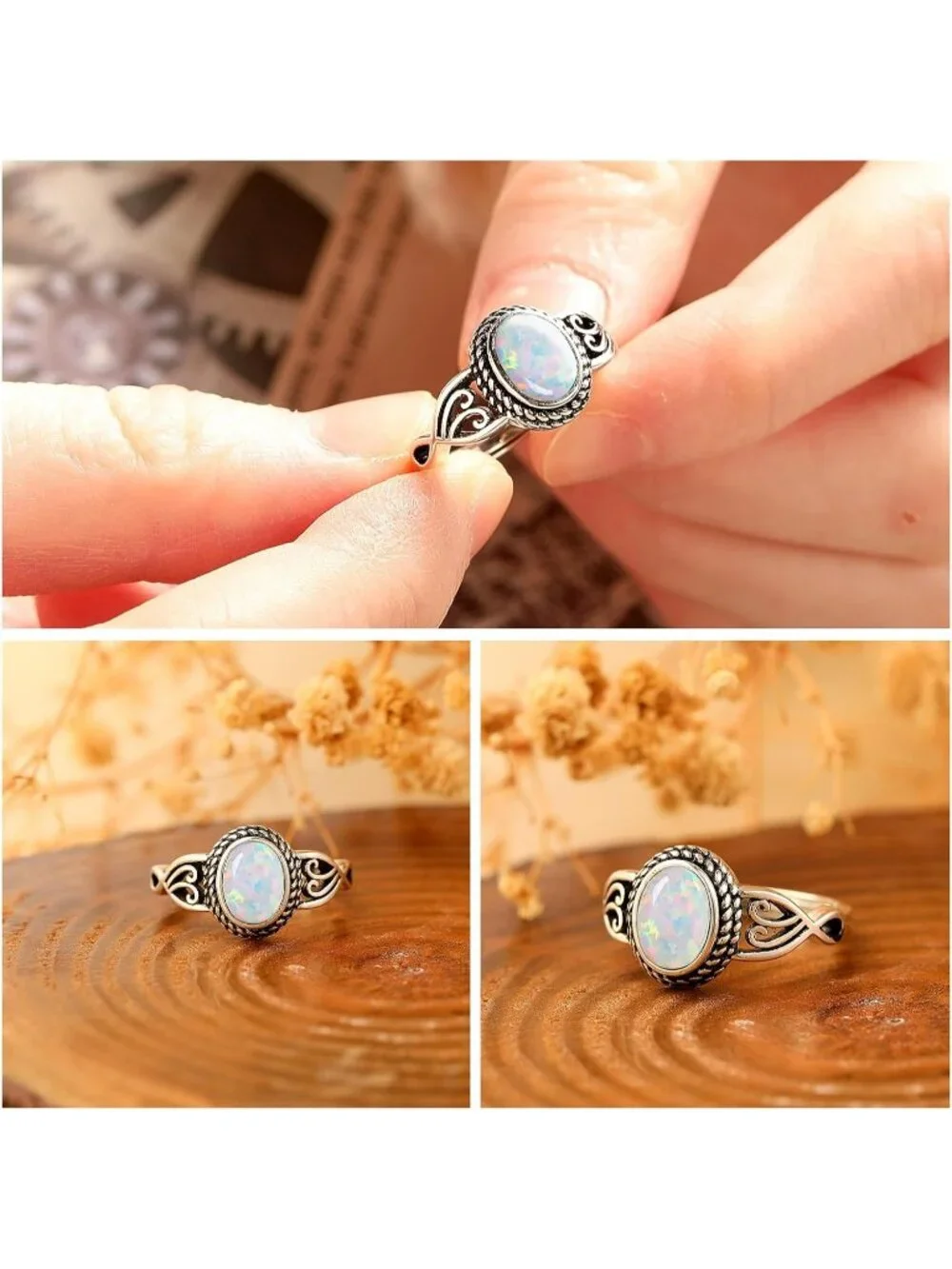 Women's Opal 925 Sterling Silver Oval Adjustable Natural Stone Ring